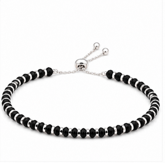 Pure 925 Sterling Silver Adjustable Black Beaded Bracele