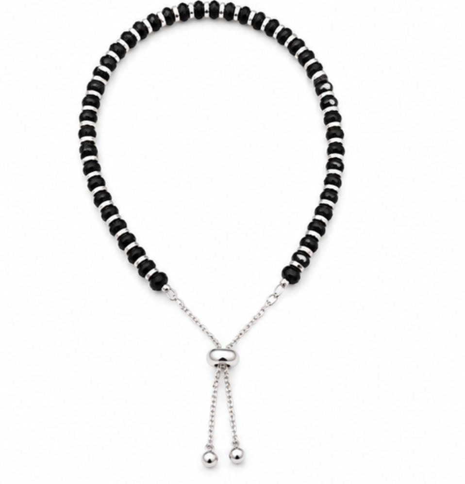 Pure 925 Sterling Silver Adjustable Black Beaded Bracele