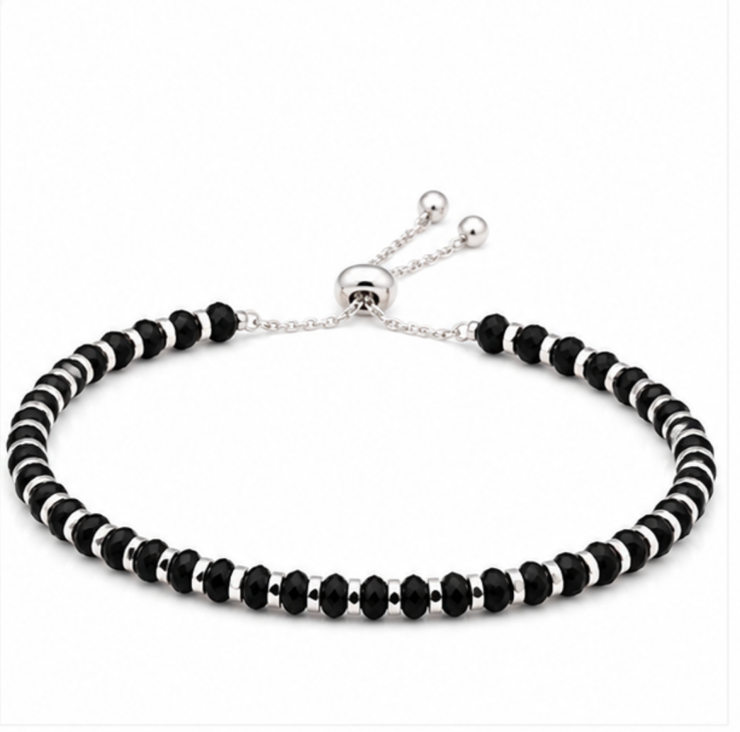 Pure 925 Sterling Silver Adjustable Black Beaded Bracele