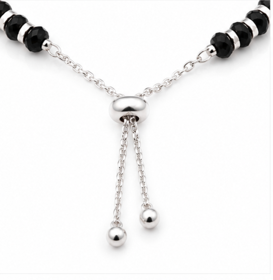 Pure 925 Sterling Silver Adjustable Black Beaded Bracele