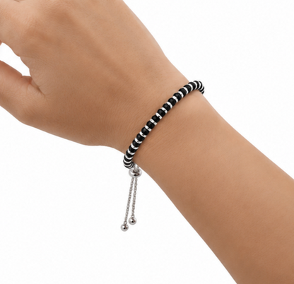 Pure 925 Sterling Silver Adjustable Black Beaded Bracele